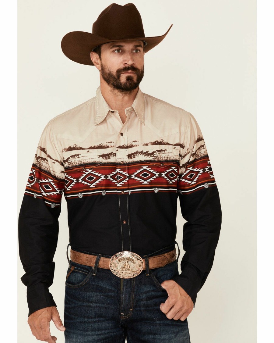 Men * | Hot Sell Roper Men'S Open Range Southwestern Border Print Long Sleeve Snap Western Shirt