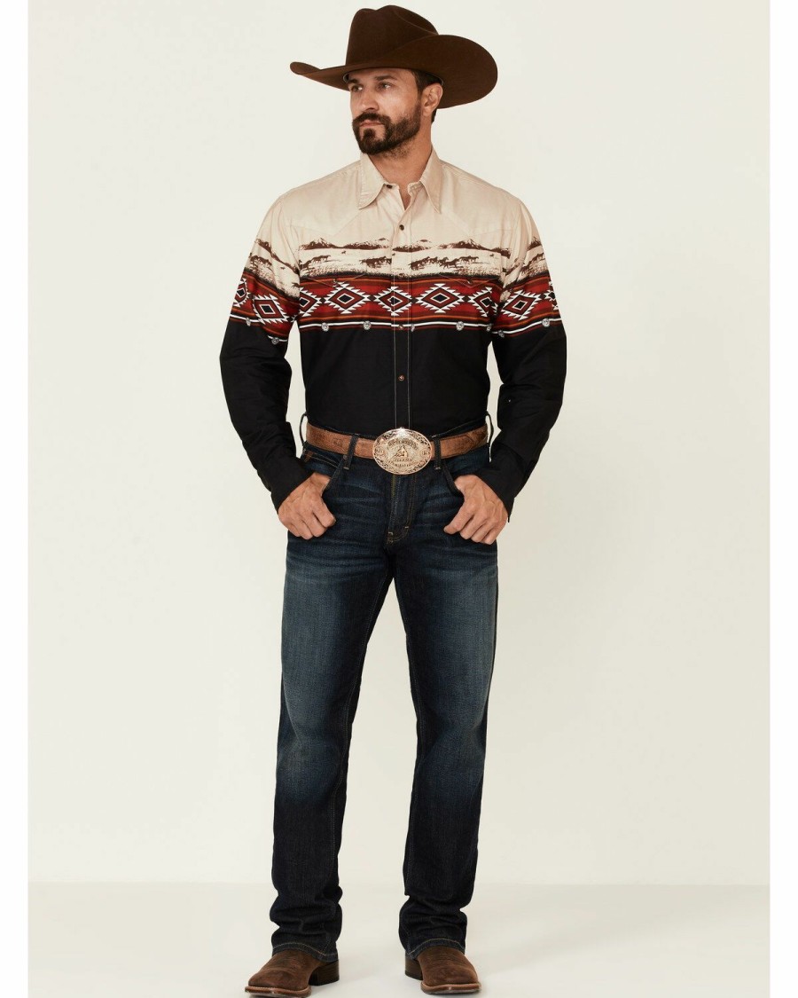 Men * | Hot Sell Roper Men'S Open Range Southwestern Border Print Long Sleeve Snap Western Shirt