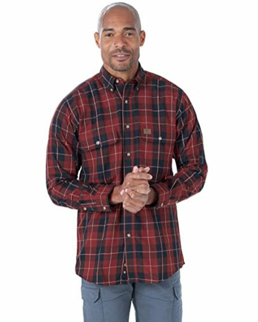 Gifts * | Hot Sell Wrangler Riggs Men'S Red Large Plaid Long Sleeve Button-Down Work Shirt Big