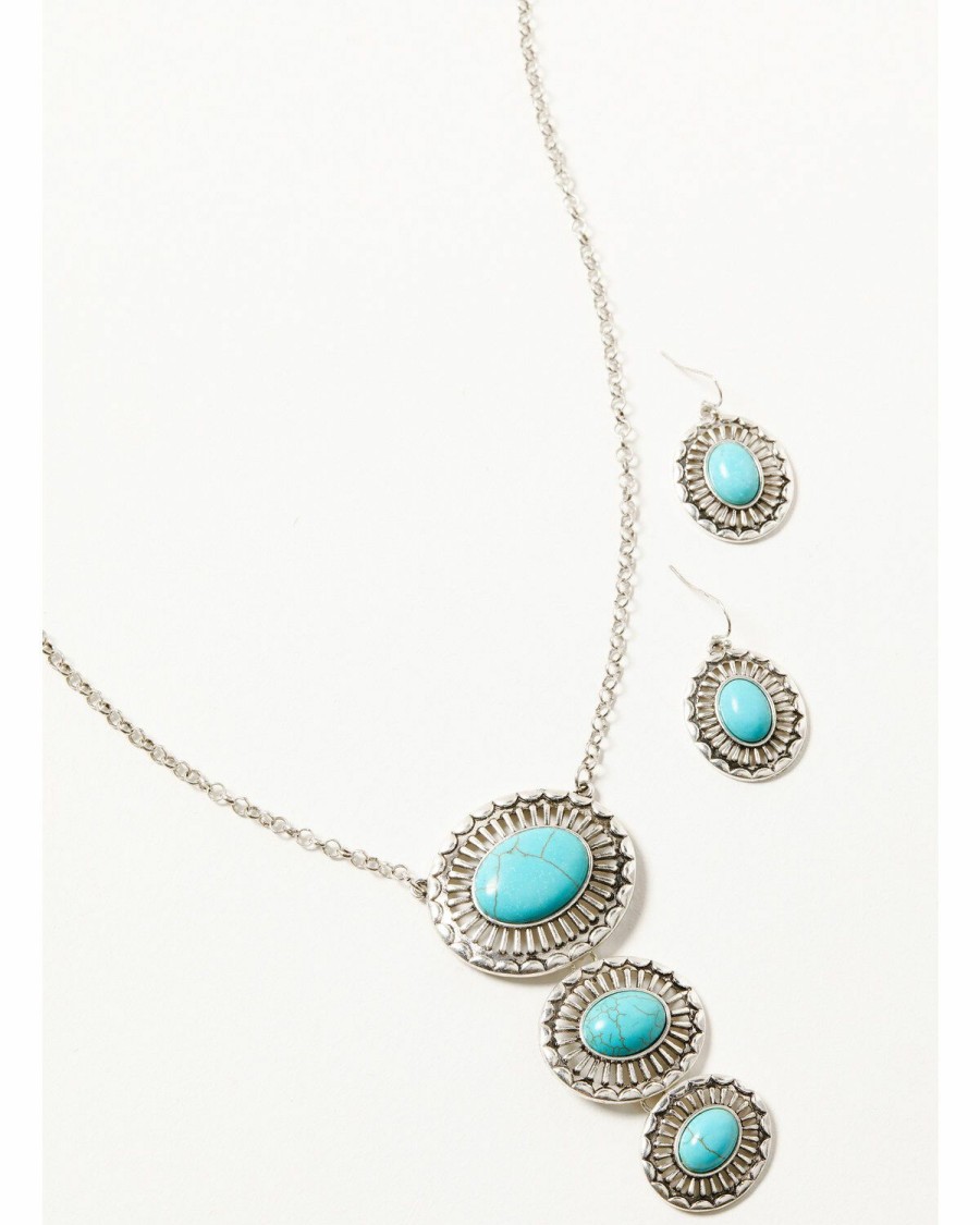 Gifts * | Top Selling Shyanne Women'S Silver & Turquoise Tri-Shaped Oval Concho Jewelry Set