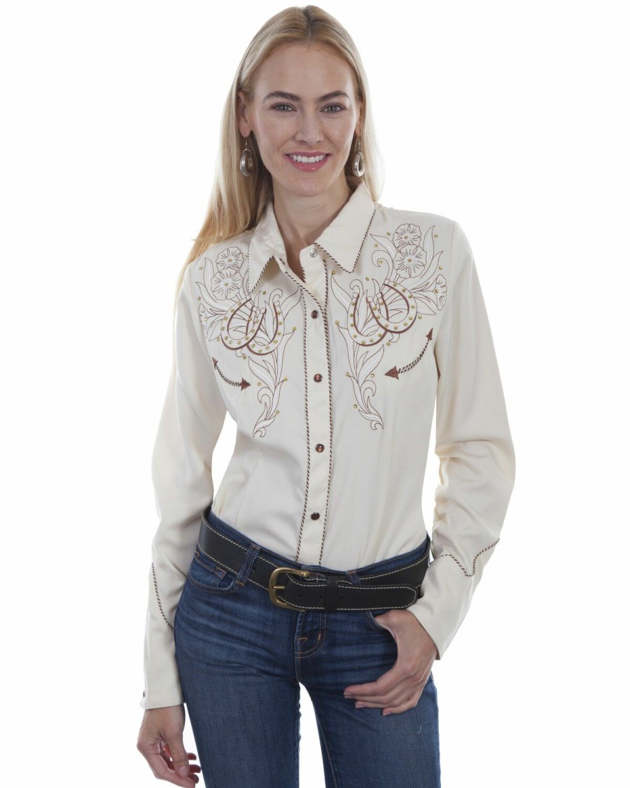 Women * | New Threads Western Scully Women'S Cream Horseshoe Long Sleeve Western Shirt