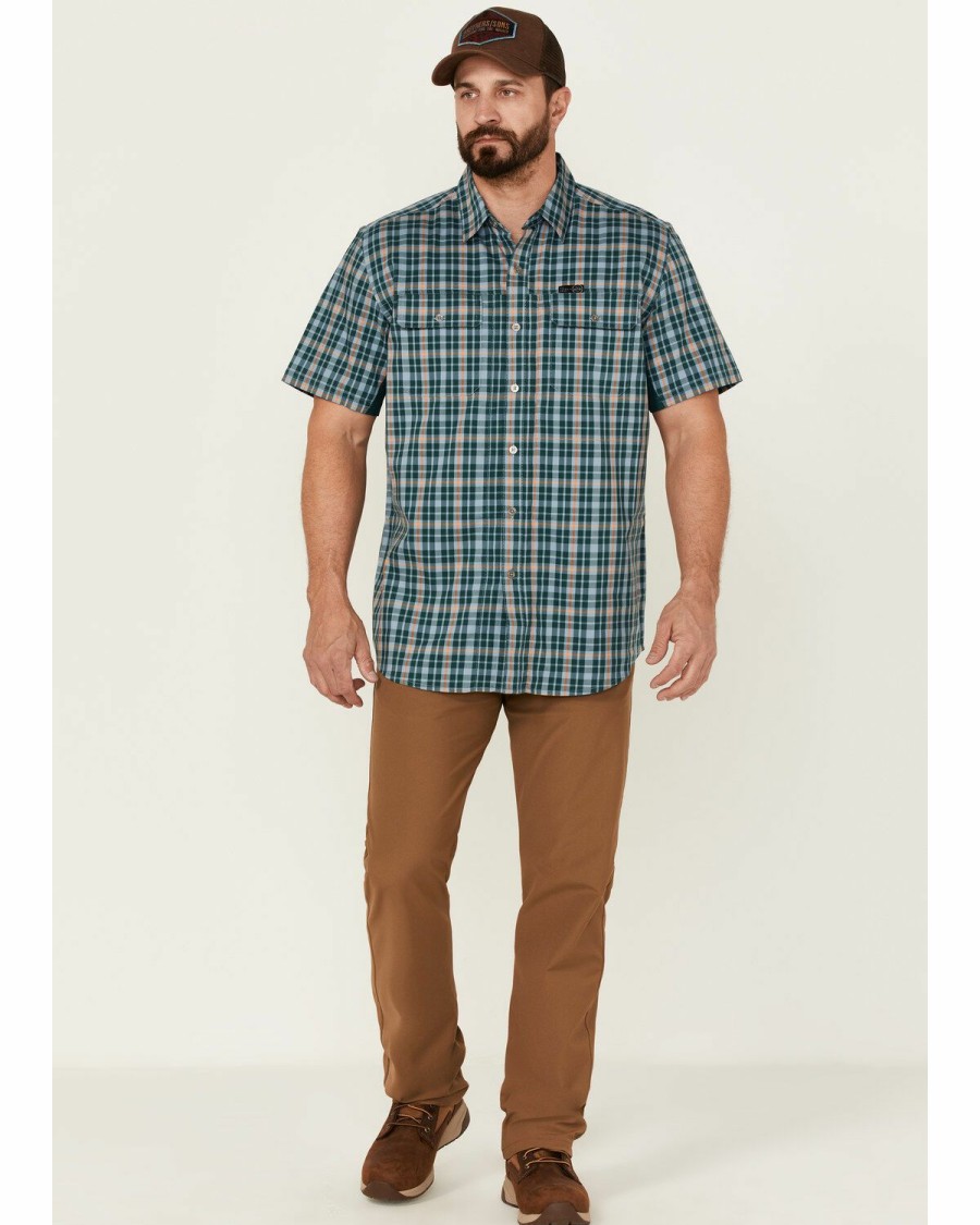 Men * | Sale Online Wrangler Atg Men'S All-Terrian Mix Material Small Plaid Short Sleeve Button-Down Western Shirt