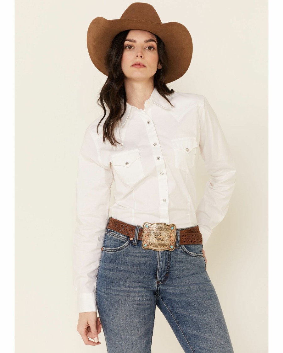 Women * | Sale Online Wrangler Women'S White Pearl Snap Long Sleeve Western Shirt