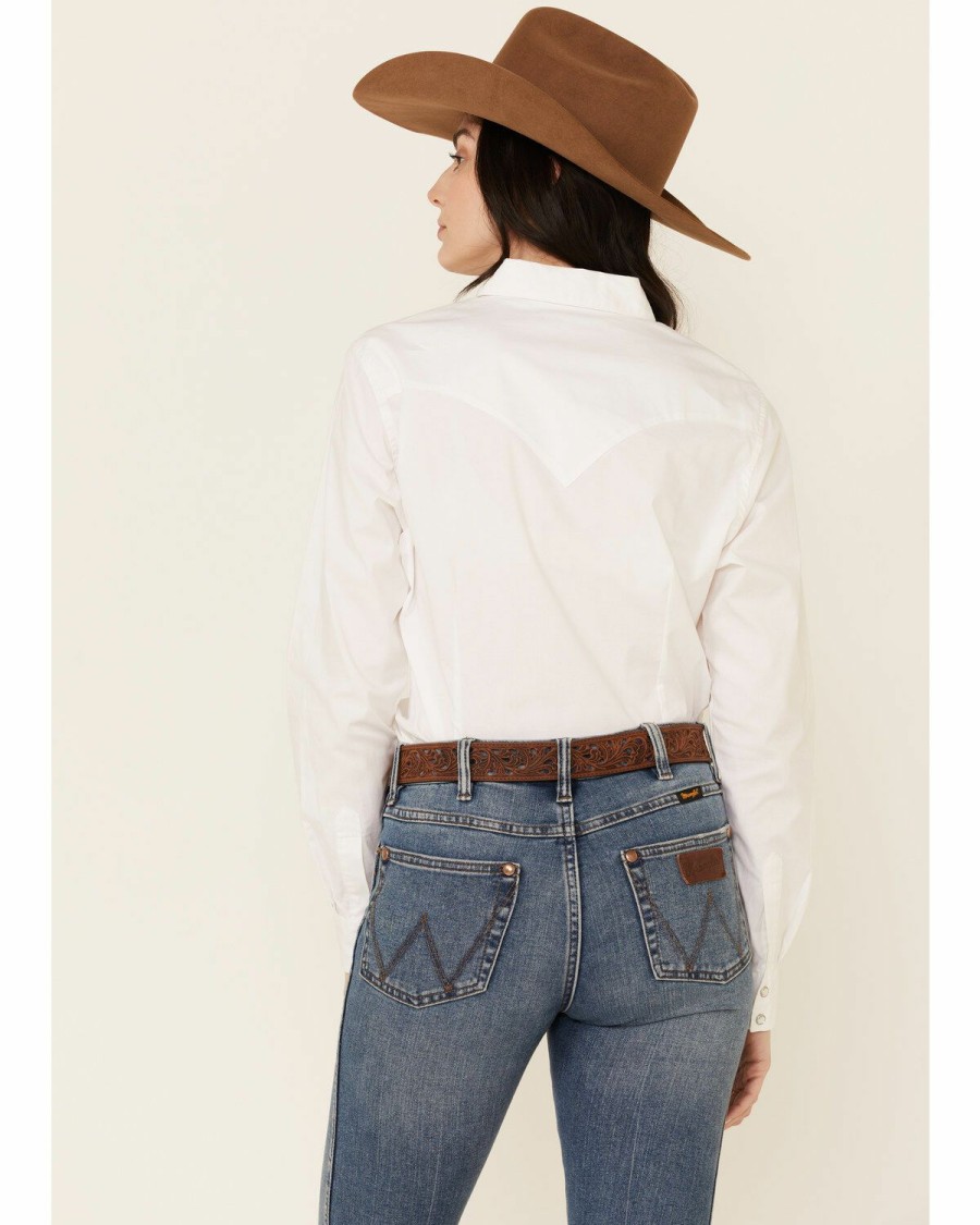 Women * | Sale Online Wrangler Women'S White Pearl Snap Long Sleeve Western Shirt