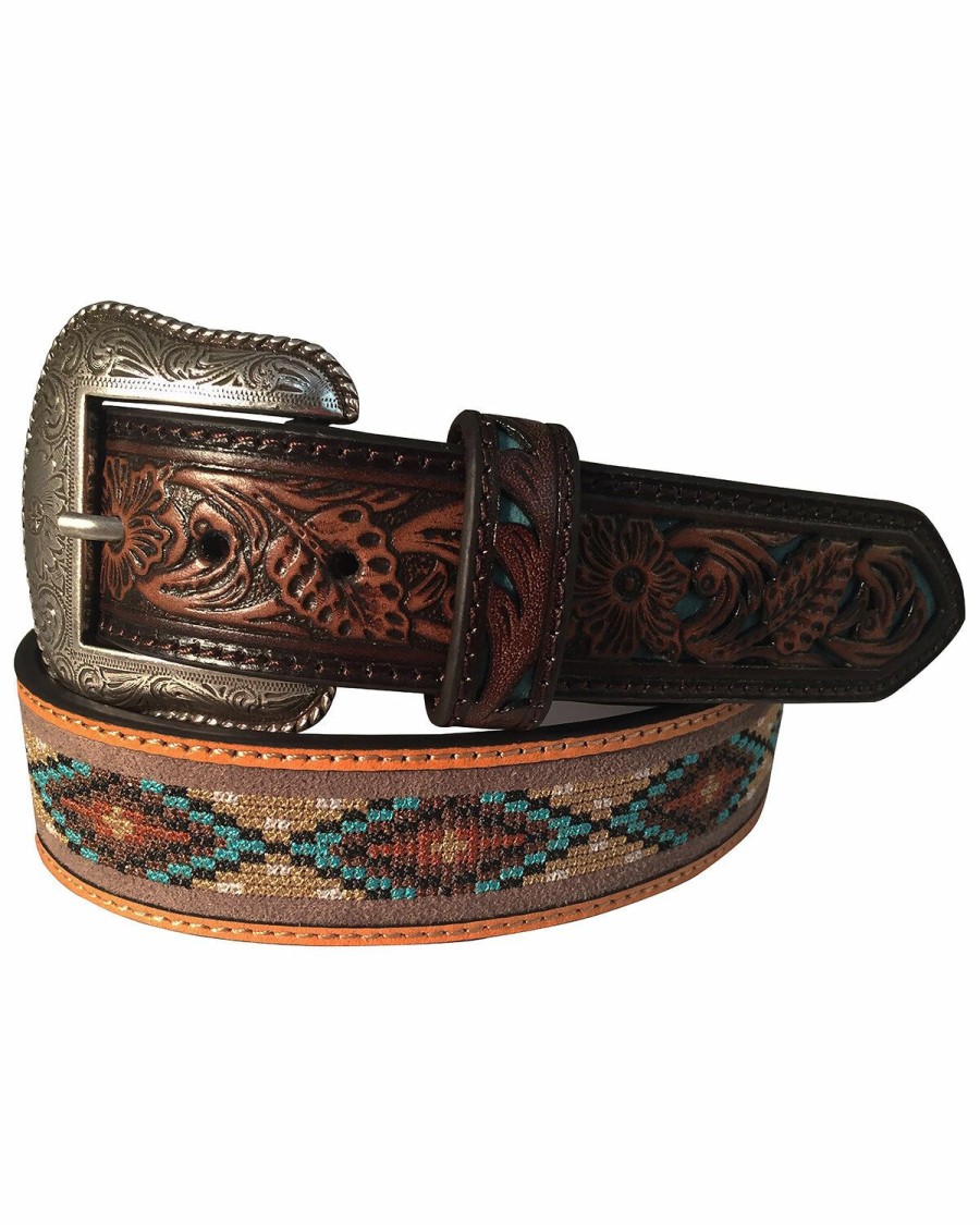 Men * | Hot Selling Roper Men'S Brown Leather Cutout Inlay-Ed Tooled Belt