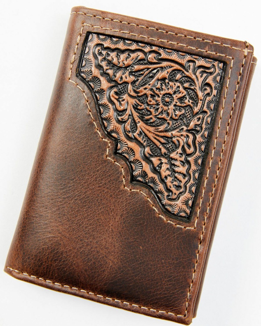 Men * | Special Offers Cody James Men'S Brown Tooled Trifold Leather Wallet