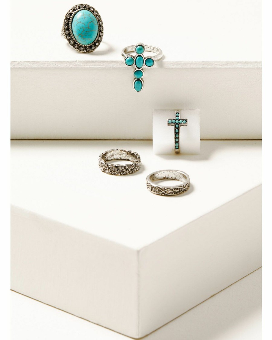 Gifts * | Unique Shyanne Women'S Silver & Turquoise Stone Cross 5-Piece Ring Set