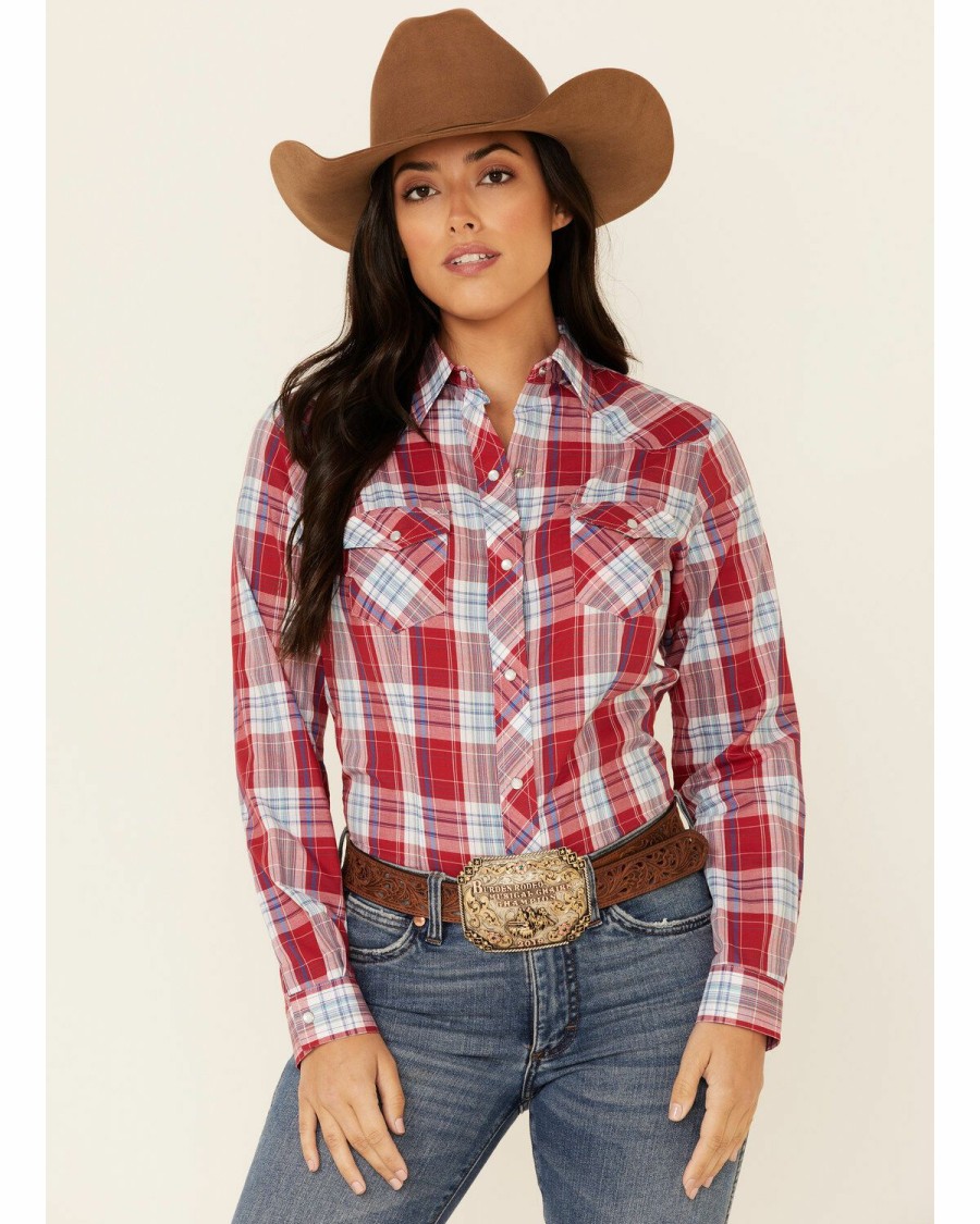 Women * | Sale Online Roper Women'S Red Plaid Long Sleeve Snap Western Core Shirt