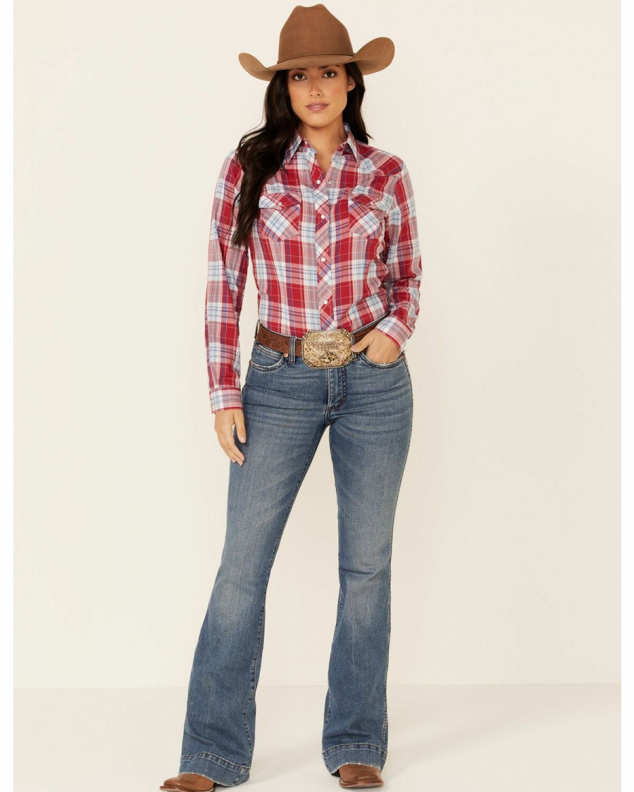 Women * | Sale Online Roper Women'S Red Plaid Long Sleeve Snap Western Core Shirt