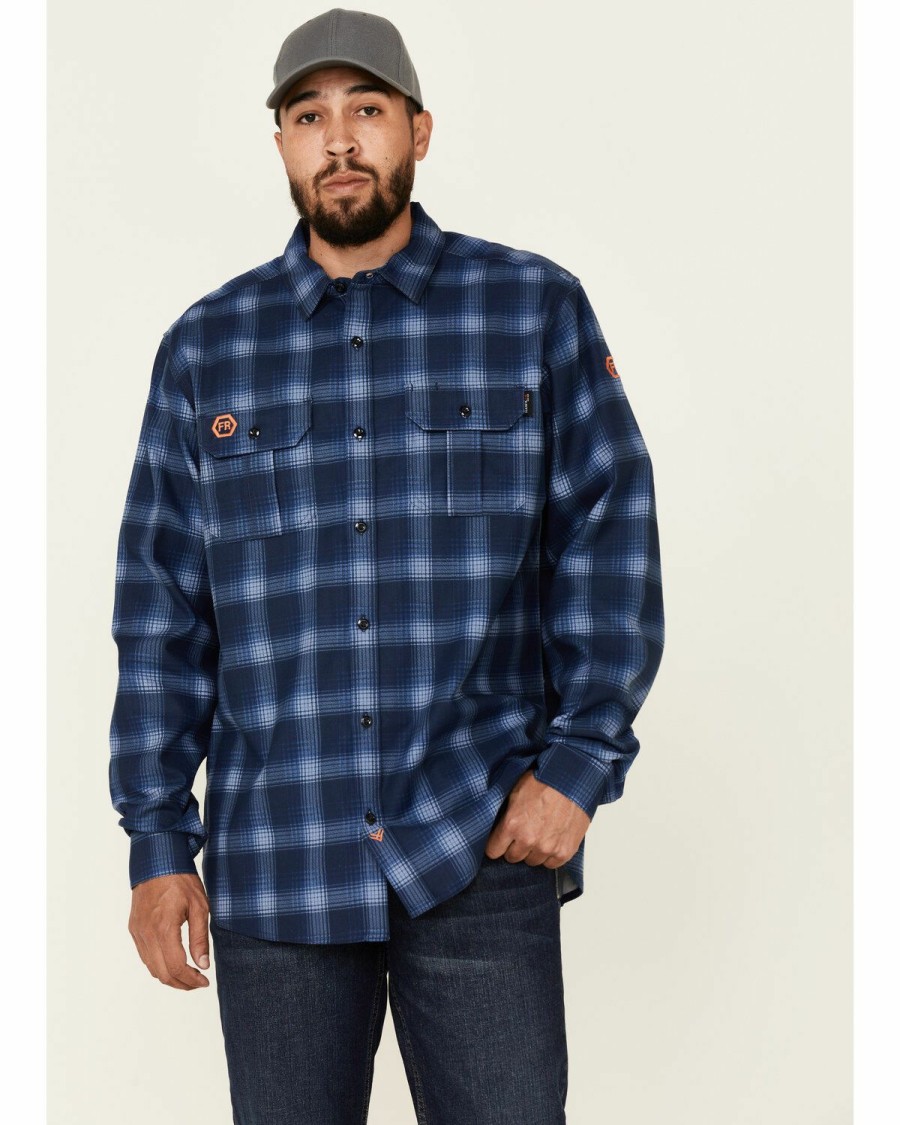 Men * | Special Offers Hawx Men'S Fr Navy Plaid Long Sleeve Button-Down Work Shirt