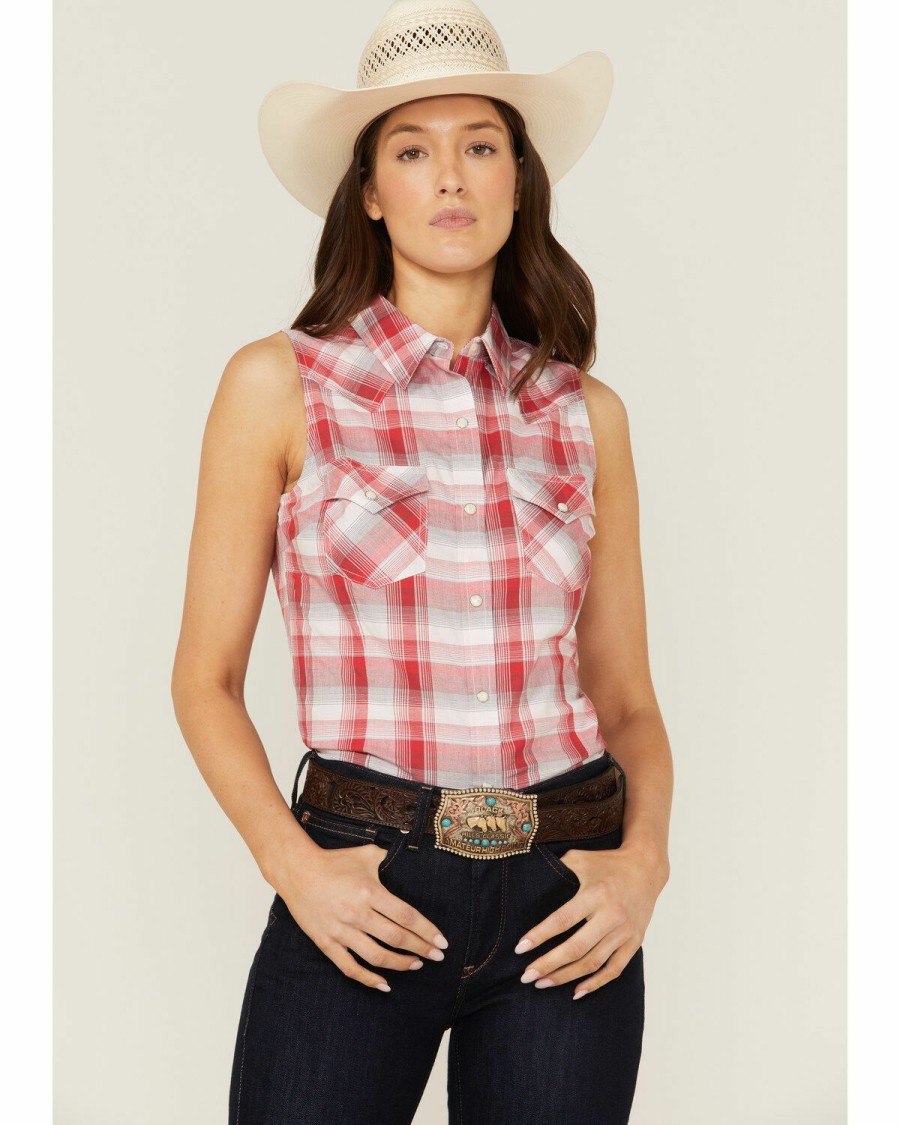 Women * | Cheap Wrangler Women'S Americana Plaid Print Sleeveless Western Snap Shirt