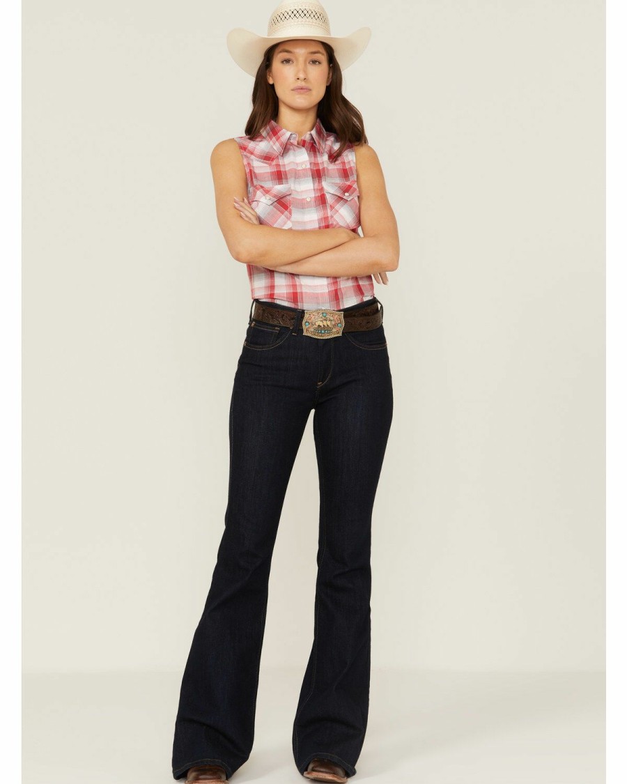 Women * | Cheap Wrangler Women'S Americana Plaid Print Sleeveless Western Snap Shirt