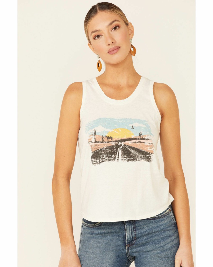 Women * | Hot Sell Rock & Roll Denim Women'S Ivory Desert Road Sunset Graphic Tank Top