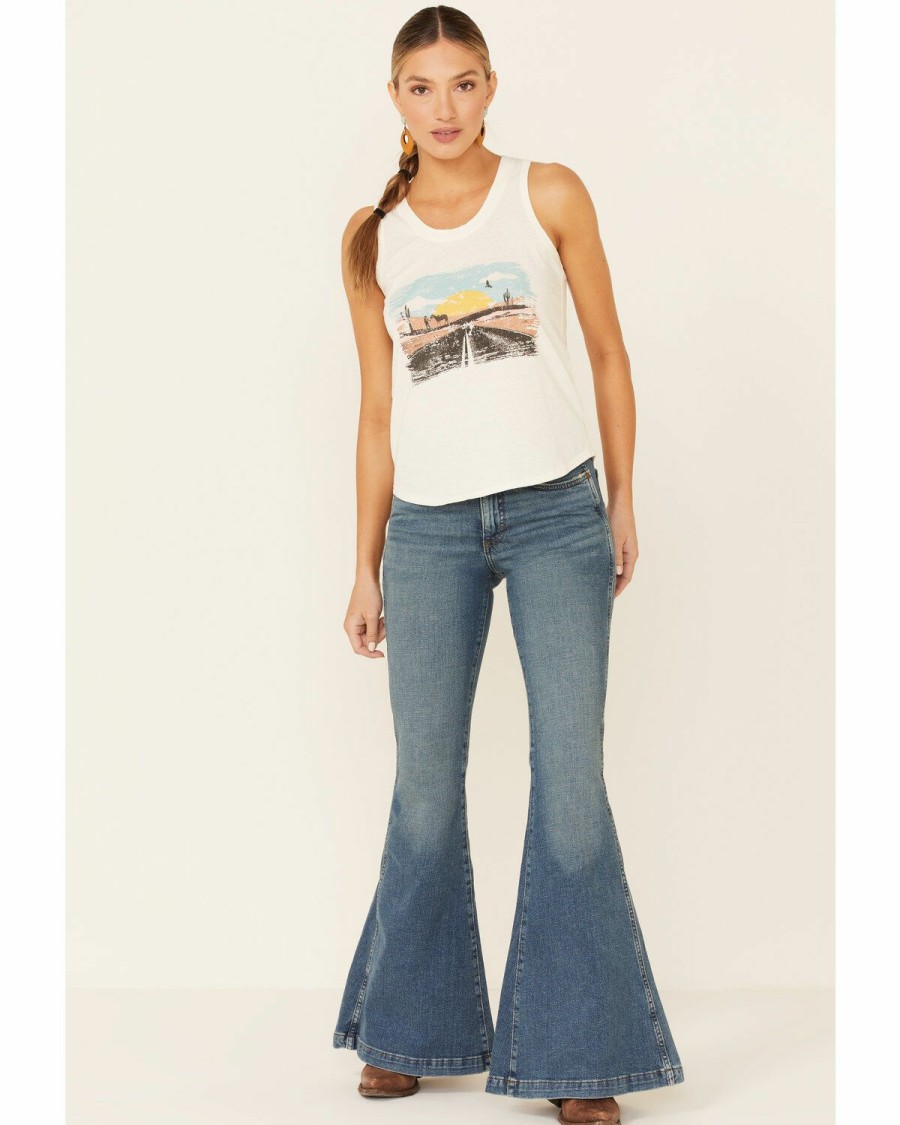 Women * | Hot Sell Rock & Roll Denim Women'S Ivory Desert Road Sunset Graphic Tank Top