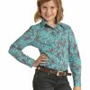 Kids * | Official Panhandle Girls' Teal Paisley Print Long Sleeve Western Shirt