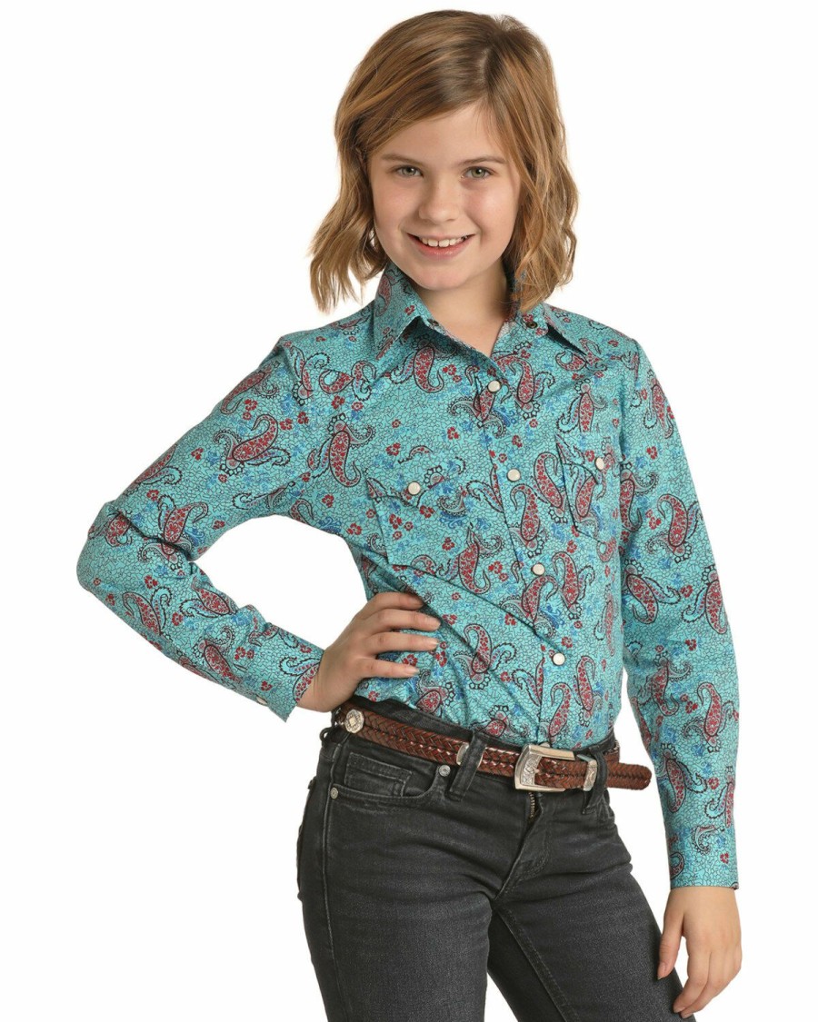 Kids * | Official Panhandle Girls' Teal Paisley Print Long Sleeve Western Shirt