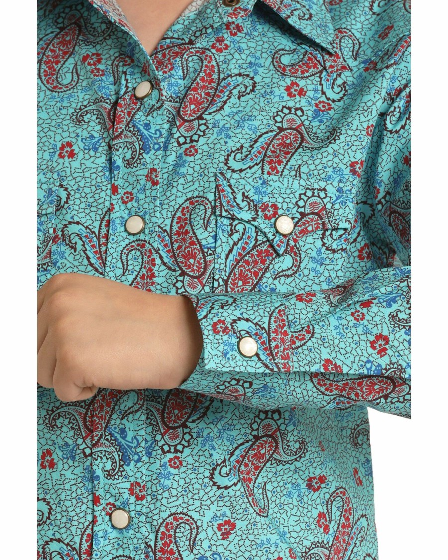 Kids * | Official Panhandle Girls' Teal Paisley Print Long Sleeve Western Shirt