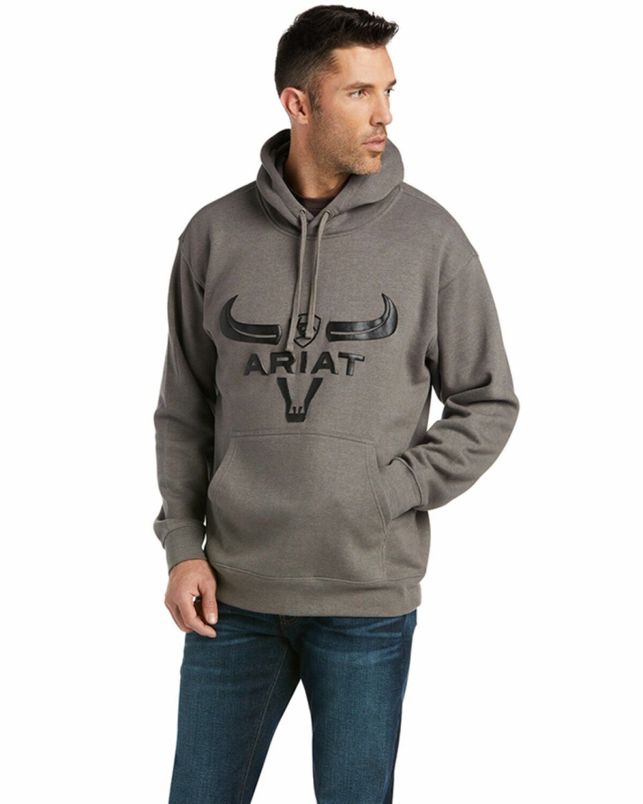 Men * | Discount Ariat Men'S Heather Charcoal Basic Steer Logo Hooded Sweatshirt Big