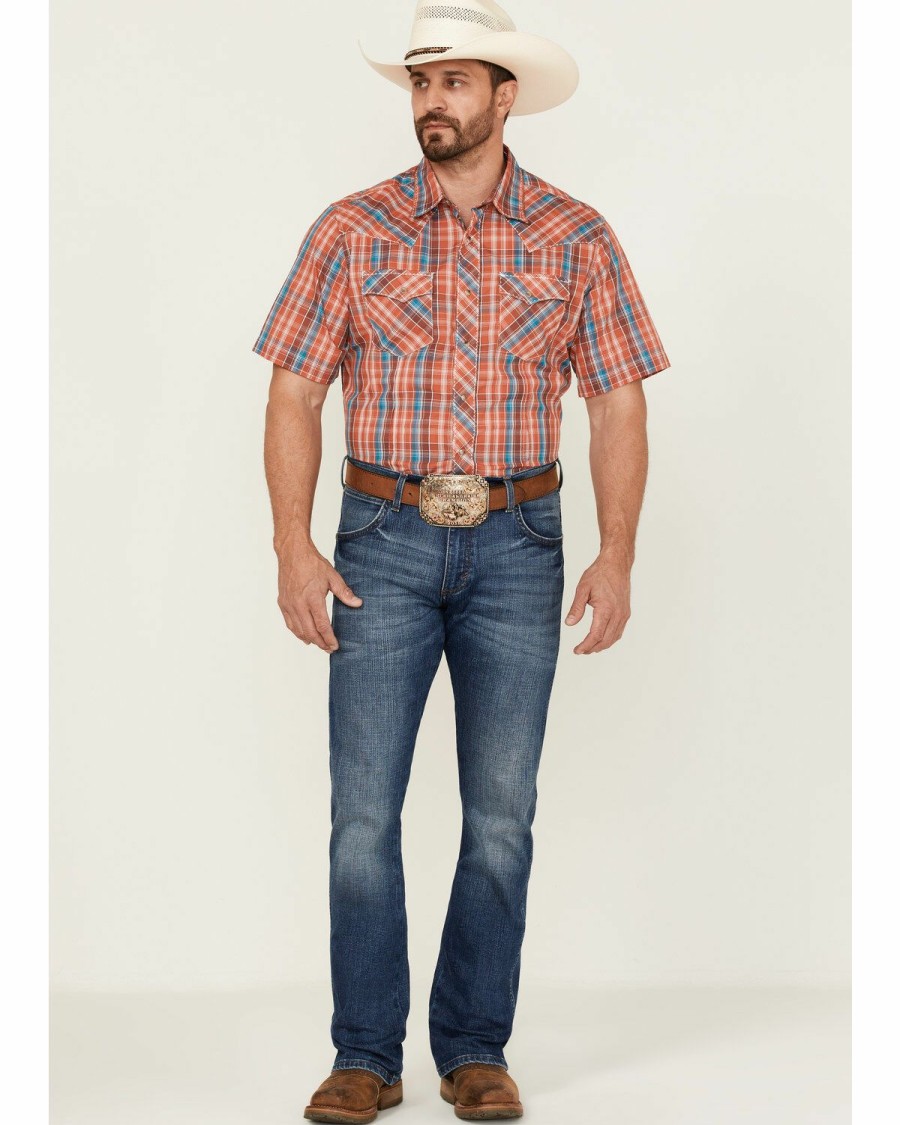 Men * | Sale Online Wrangler Men'S Plaid Short Sleeve Snap Western Shirt