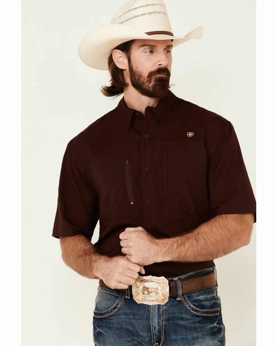 Men * | Hot Sell Ariat Men'S Solid Maroon Vent Tek Short Sleeve Button-Down Western Shirt Big