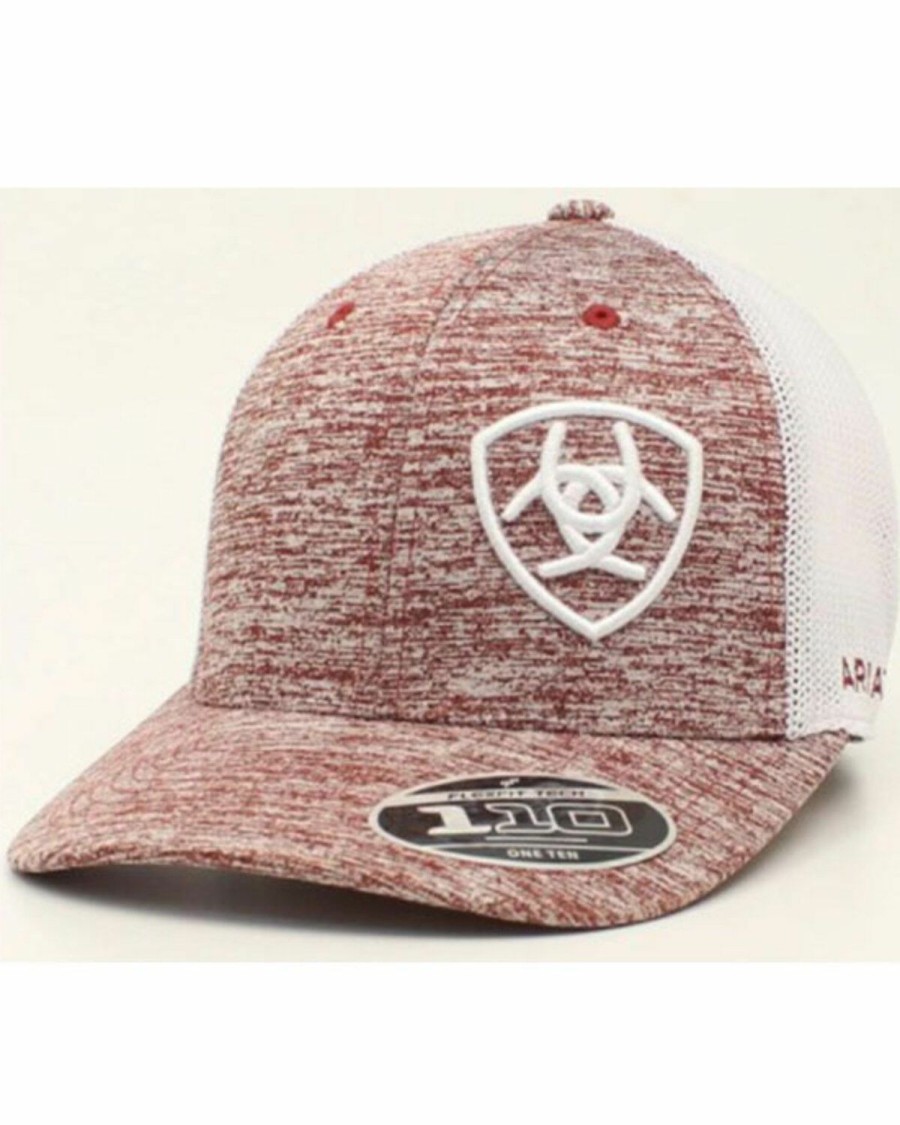 Men * | Hot Selling Ariat Men'S Heather Red & White Corner Logo Embroidered Mesh-Back Ball Cap