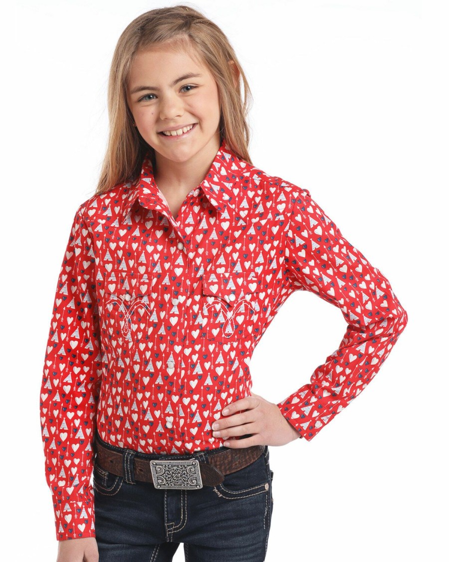 Gifts * | Bestsellers White Label By Panhandle Girls' Red Hearts & Teepee Long Sleeve Western Shirt