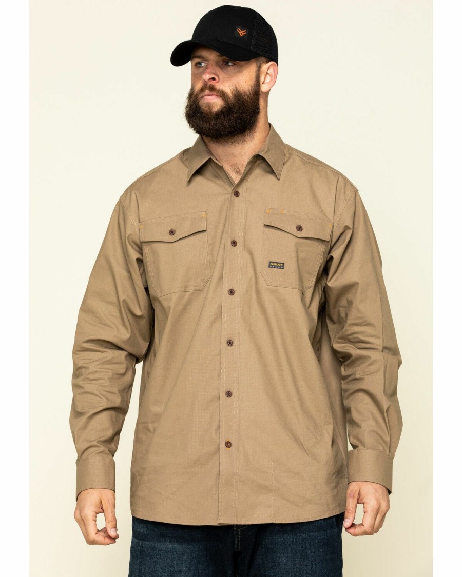 Men * | Top Selling Ariat Men'S Khaki Rebar Made Tough Durastretch Long Sleeve Work Shirt