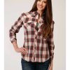 Women * | New Threads Roper Women'S Red & Charcoal Dobby Plaid Long Sleeve Snap Western Core Shirt Plus