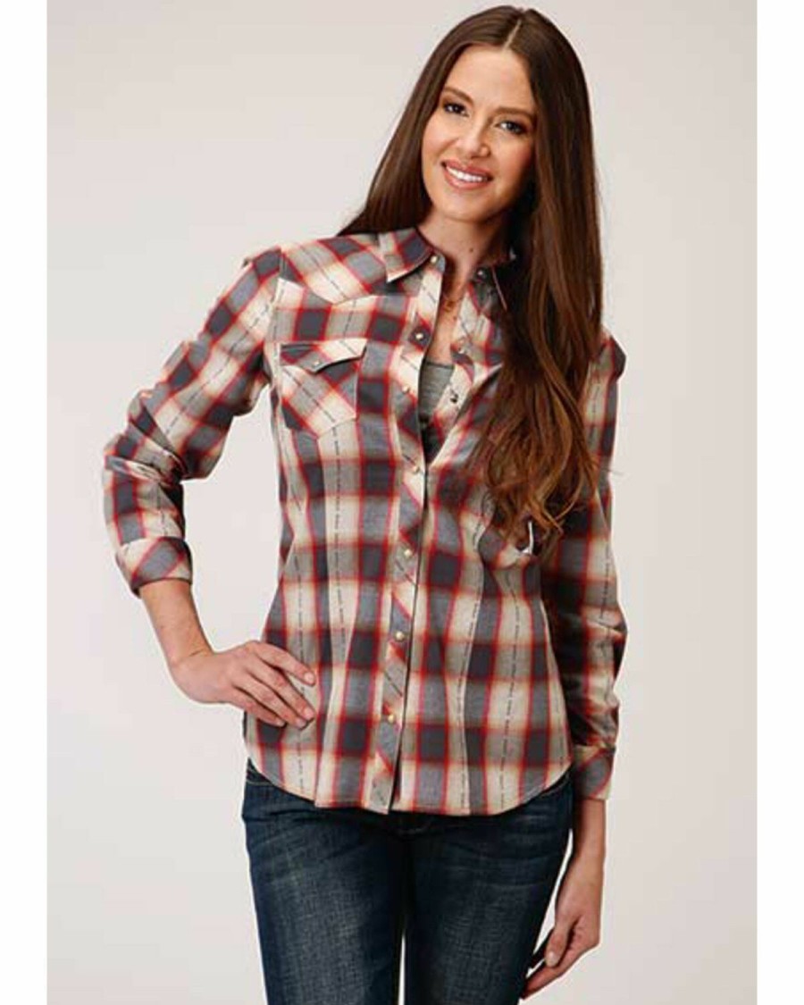 Women * | New Threads Roper Women'S Red & Charcoal Dobby Plaid Long Sleeve Snap Western Core Shirt Plus