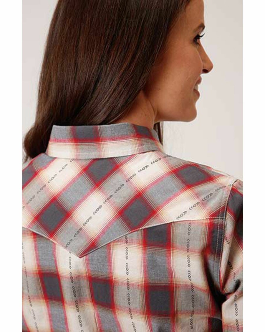 Women * | New Threads Roper Women'S Red & Charcoal Dobby Plaid Long Sleeve Snap Western Core Shirt Plus