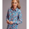 Women * | Official Stetson Women'S Blue Rose Print Long Sleeve Western Shirt