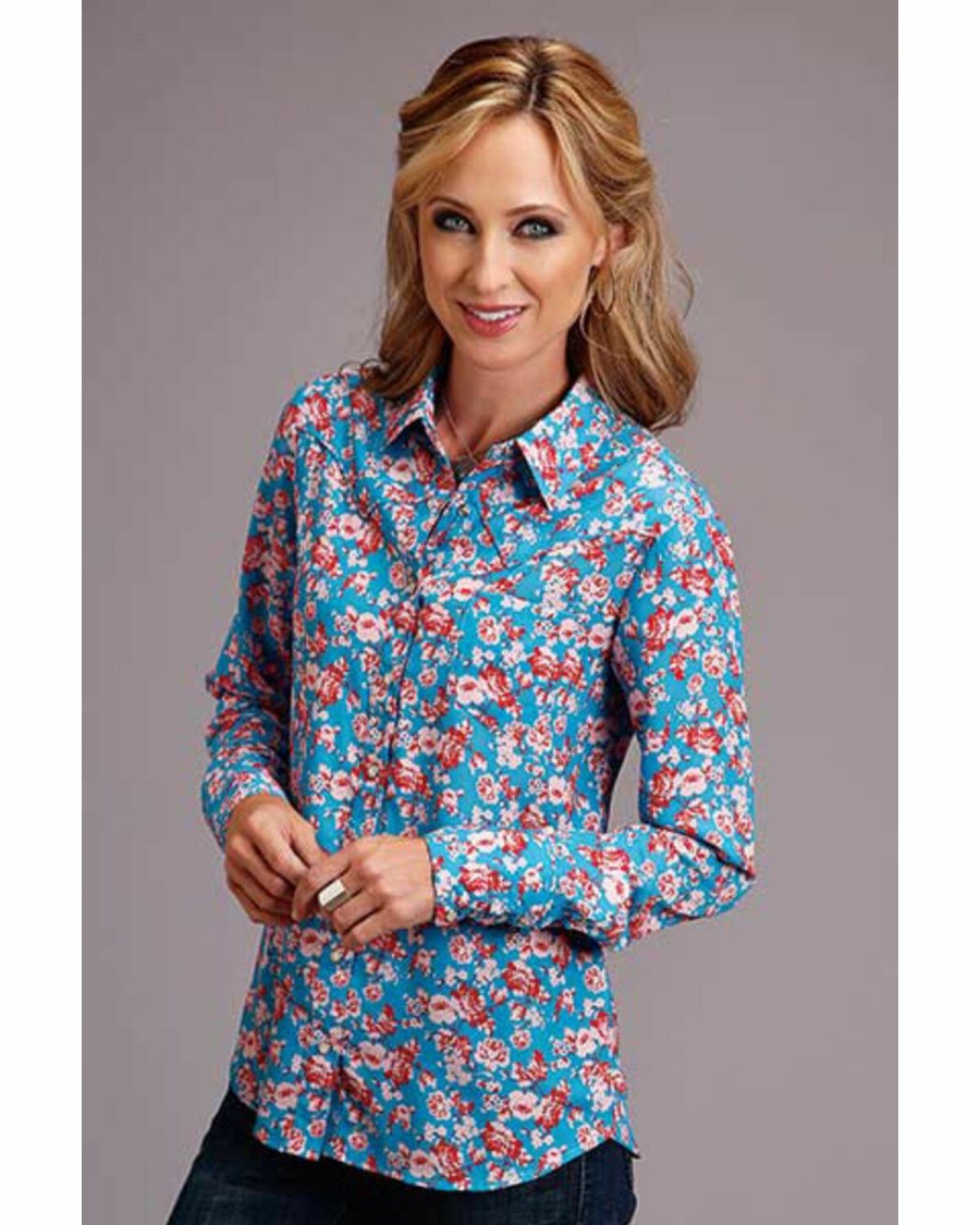 Women * | Official Stetson Women'S Blue Rose Print Long Sleeve Western Shirt