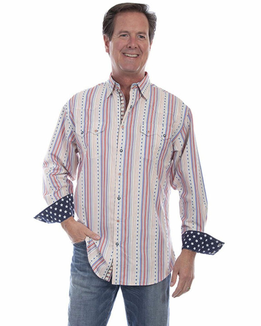 Gifts * | Official Scully Men'S Multi Stars & Stripes Print Long Sleeve Snap Western Shirt