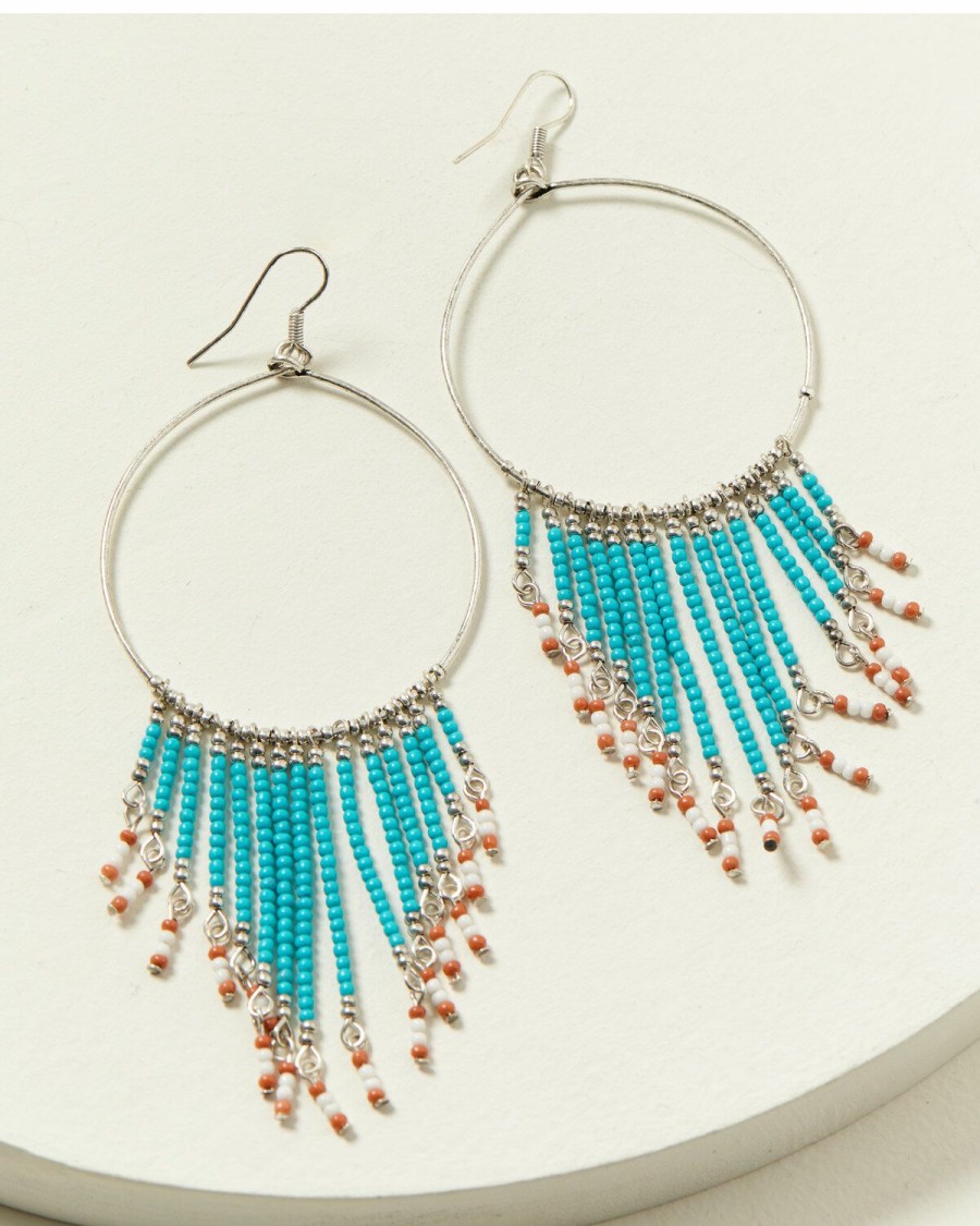 Gifts * | Unique Shyanne Women'S Silver & Turquoise Beaded Fringe Hanging Hoop Earrings