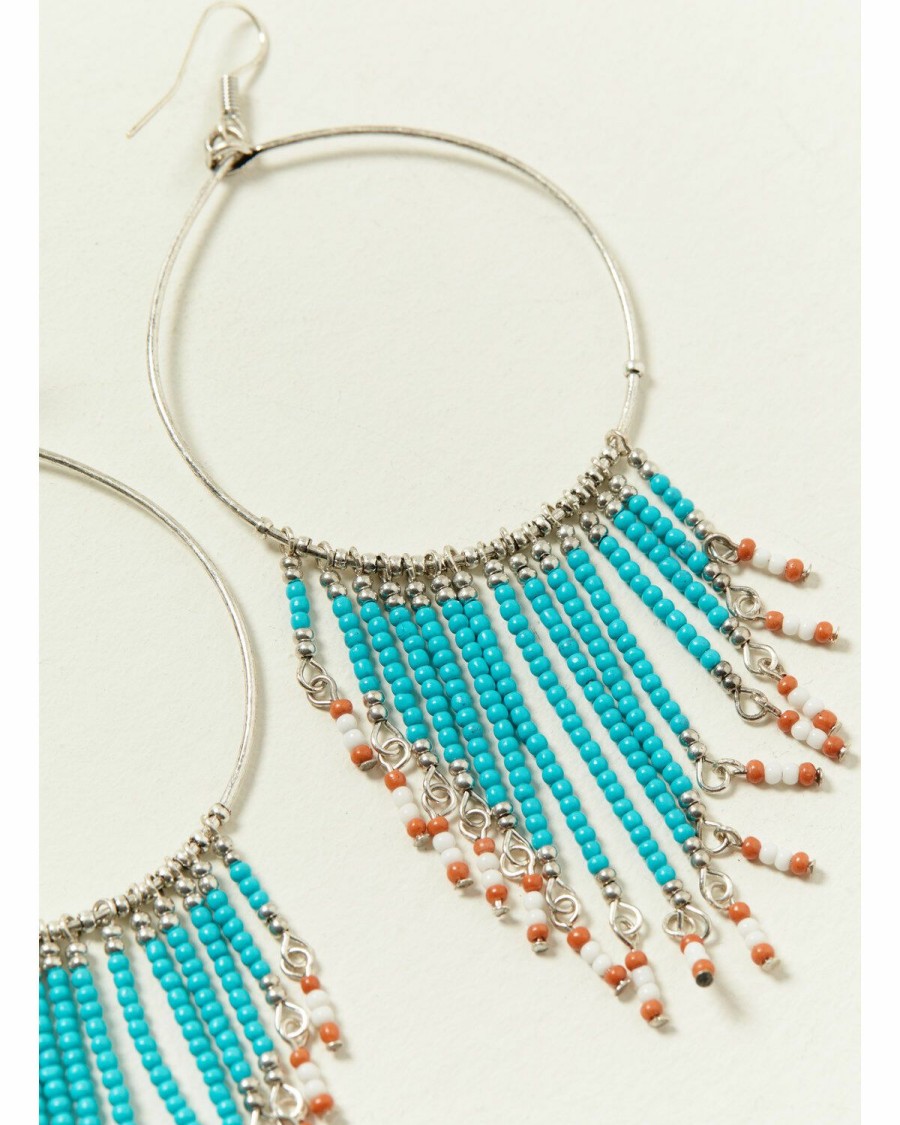 Gifts * | Unique Shyanne Women'S Silver & Turquoise Beaded Fringe Hanging Hoop Earrings