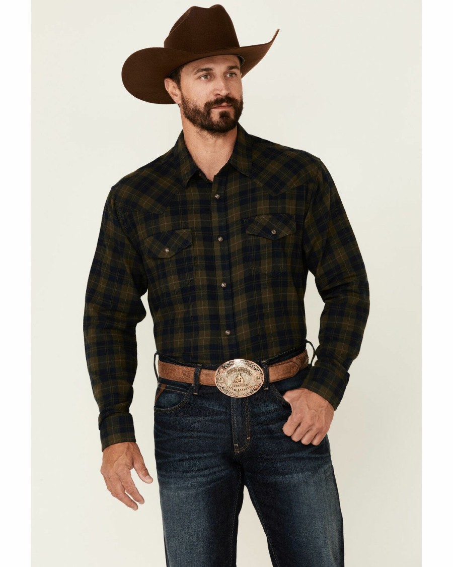 Gifts * | New Cody James Men'S Olive Workhorse Plaid Long Sleeve Snap Western Flannel Shirt