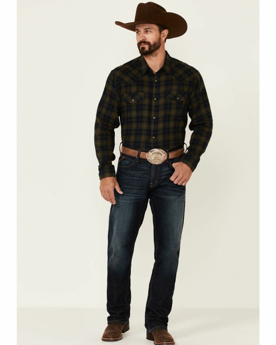 Gifts * | New Cody James Men'S Olive Workhorse Plaid Long Sleeve Snap Western Flannel Shirt