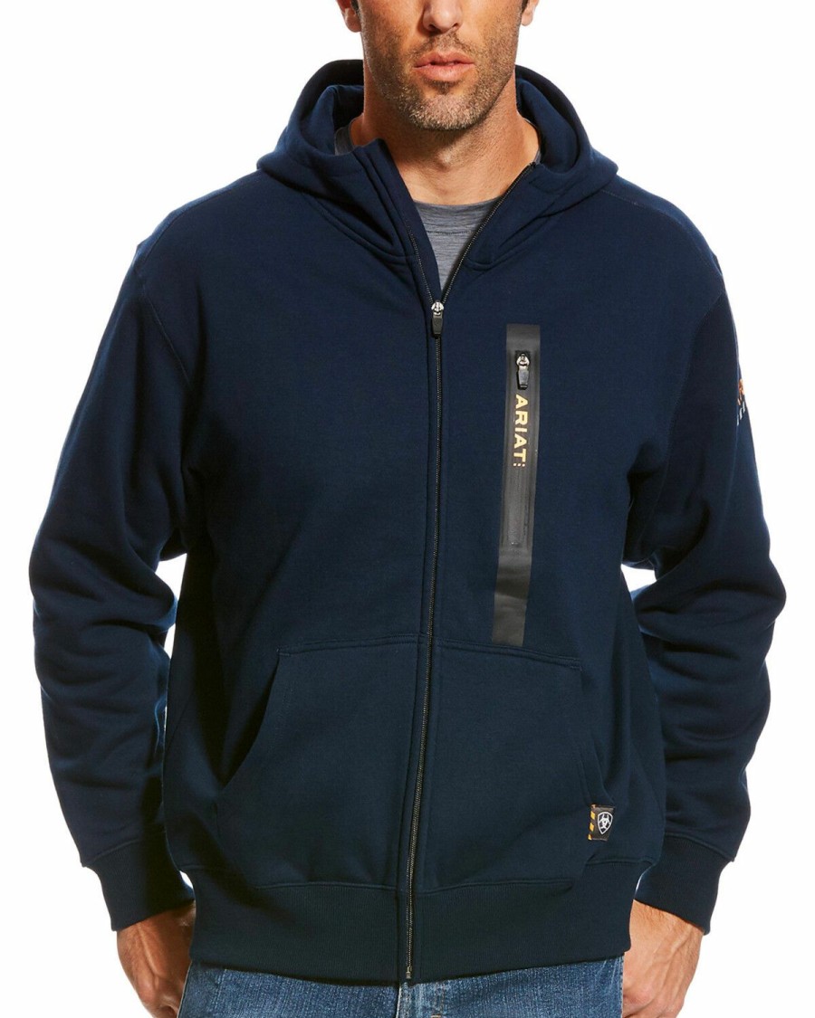 Men * | Discount Ariat Men'S Navy Rebar Full Zip Hooded Work Sweatshirt