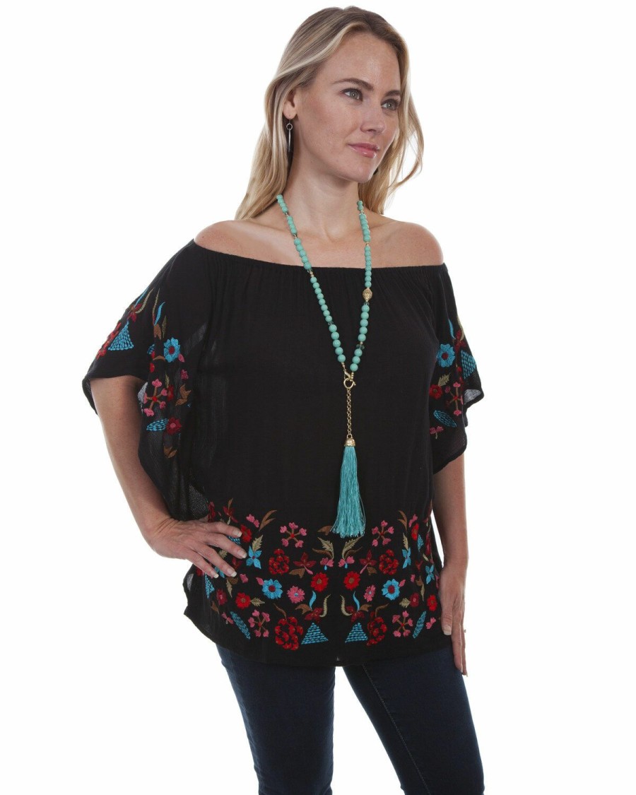 Women * | Premium Honey Creek By Scully Women'S Embroidered Cold Shoulder Blouse