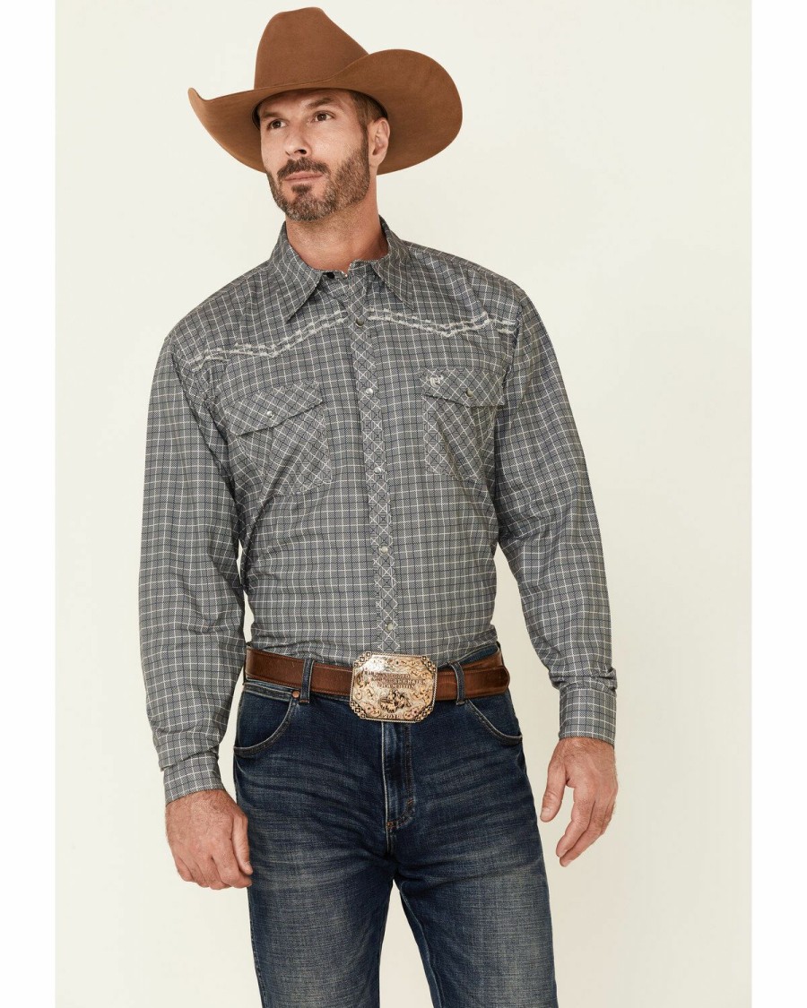 Men * | Unique Cowboy Hardware Men'S Grey & Navy Plaid Long Sleeve Snap Western Shirt