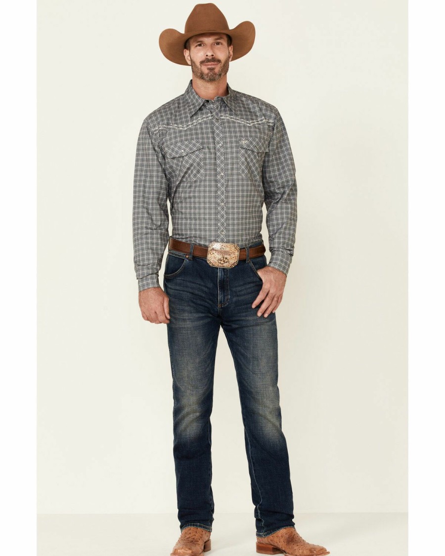 Men * | Unique Cowboy Hardware Men'S Grey & Navy Plaid Long Sleeve Snap Western Shirt