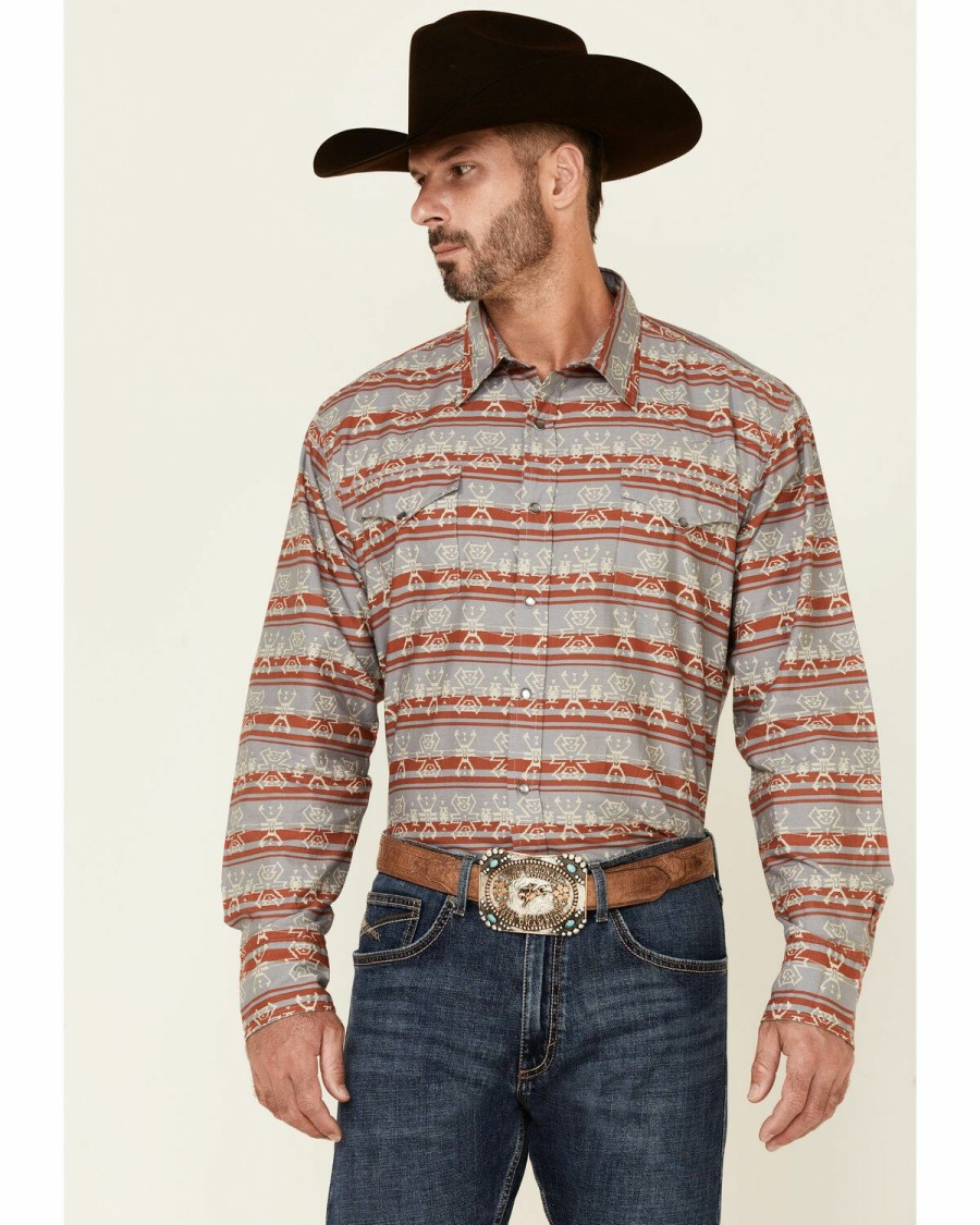 Men * | Discount Roper Men'S Grey Southwestern Blanket Stripe Long Sleeve Snap Western Shirt