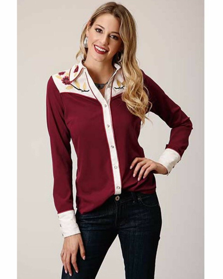 Women * | Roper Exquisite Gifts Studio West Women'S Red Vintage Floral Embroidered Long Sleeve Western Shirt