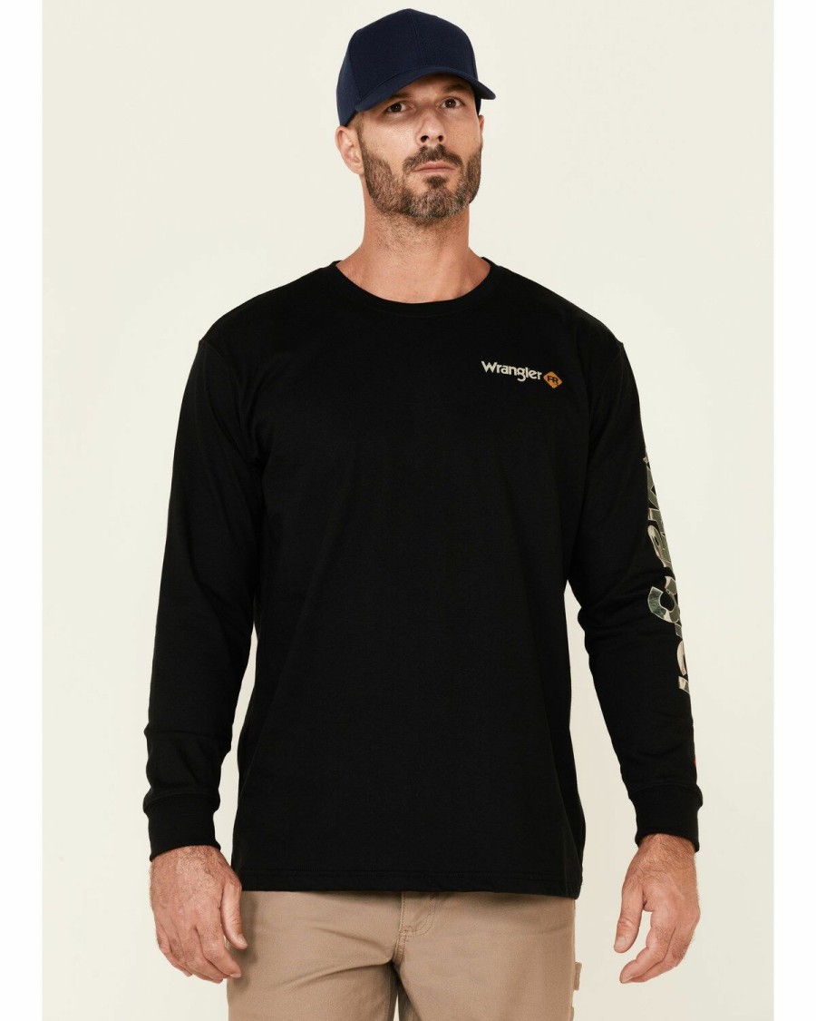 Men * | Hot Selling Wrangler Fr Men'S Black Camo Logo Long Sleeve Work T-Shirt Big