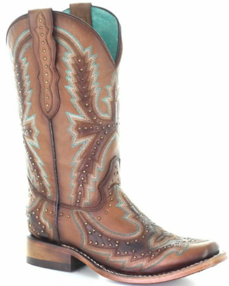 Women * | Latest Corral Women'S Tan Embroidery & Studs Western Boots Square Toe