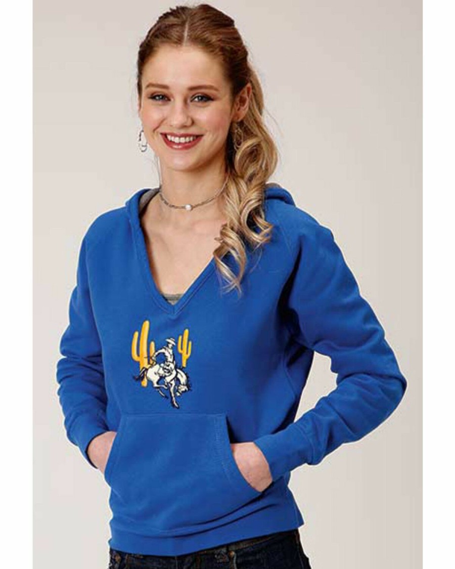 Women * | Sale Online Roper Women'S Blue Hooded Bronco Rider & Cactus Pullover Sweatshirt