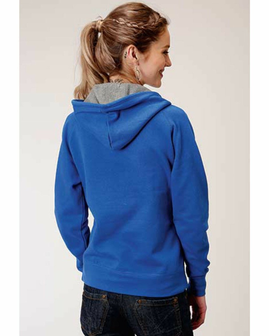 Women * | Sale Online Roper Women'S Blue Hooded Bronco Rider & Cactus Pullover Sweatshirt