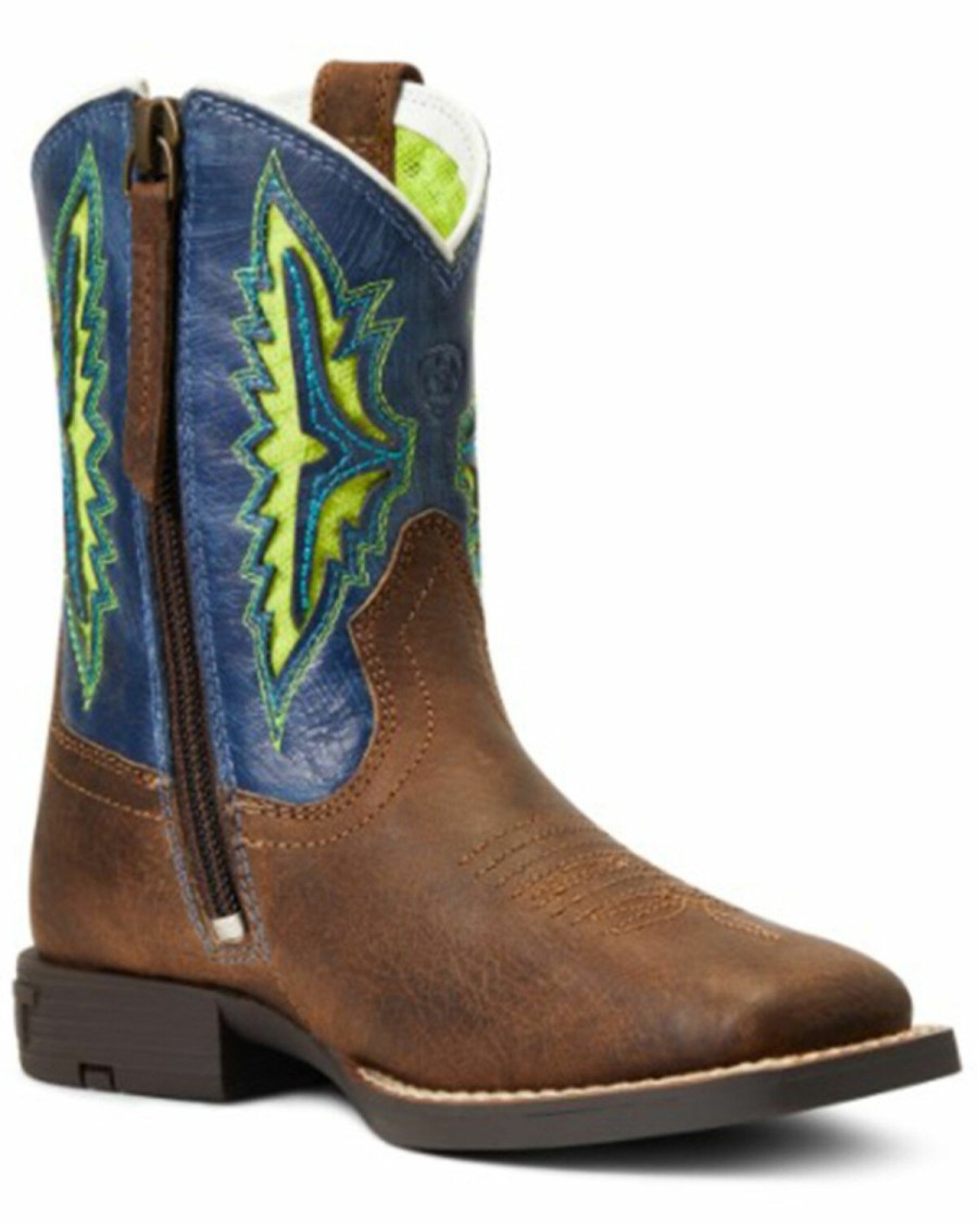 Kids * | Top Selling Ariat Boys' Koel Venttek Easy Fit Rowdy Rust & Daring Indigo Full-Grain Western Boot Wide Square Toe