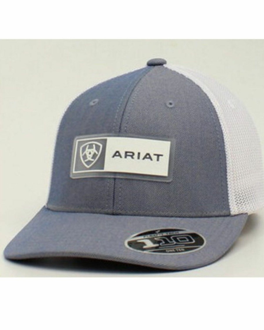 Men * | Hot Sell Ariat Men'S Light Blue Rectangle Logo Patch Mesh-Back Flex-Fit Ball Cap