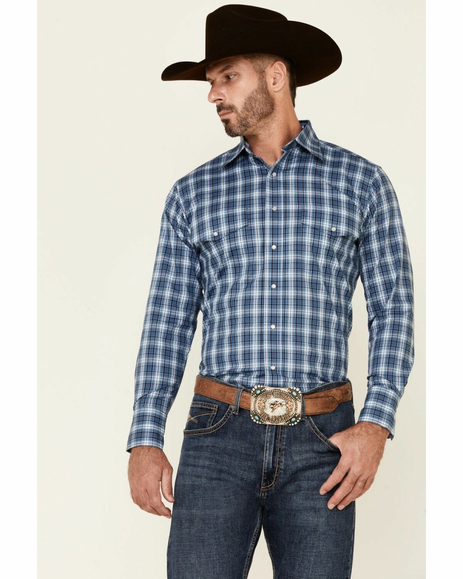 Men * | Bestsellers Wrangler Men'S Wrinkle Resist Blue Small Plaid Long Sleeve Snap Western Shirt